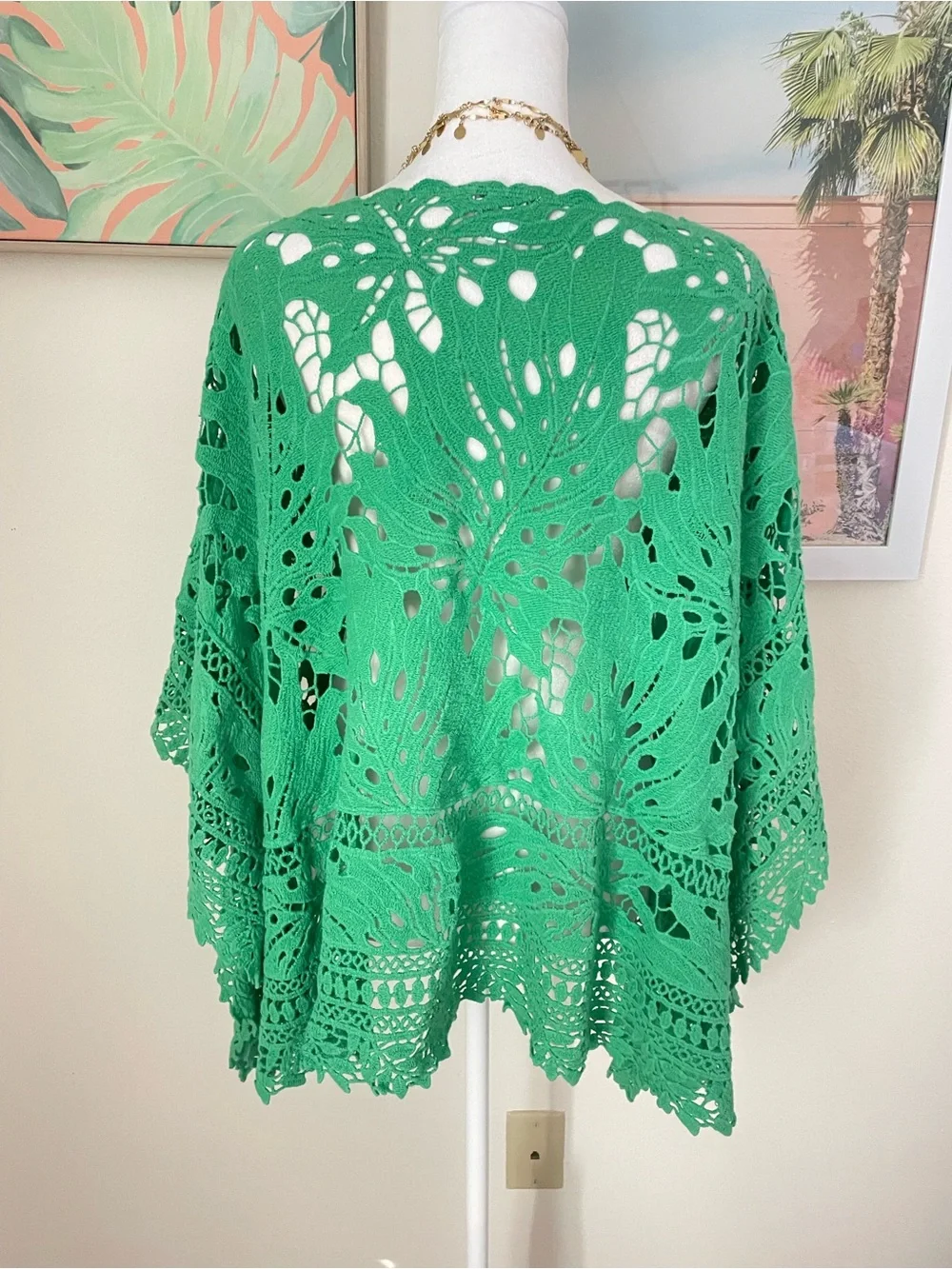 Chico’s Kelly Green Crochet Tropical Monstera Poncho Coverup Size Large/XL_4